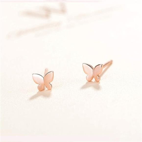 Sterling Silver Tiny Butterfly Stud Earrings for Women – Rose Gold Minimalist - Picture 3 of 7